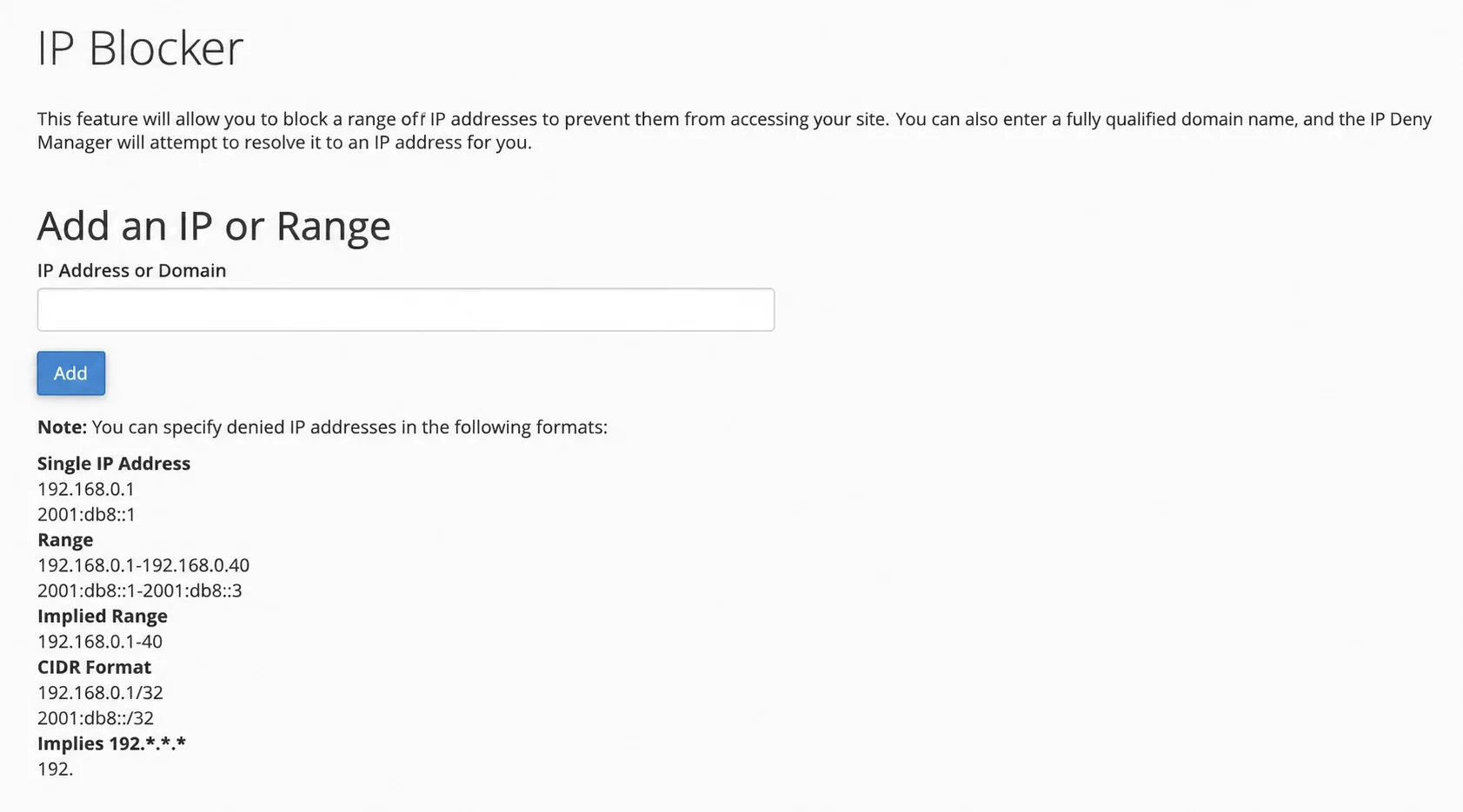 Formularul Add an IP or Range din IP Blocker