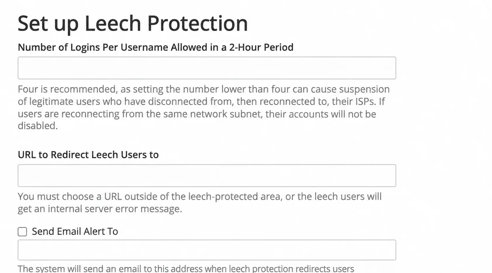 Formularul de configurare Leech Protection