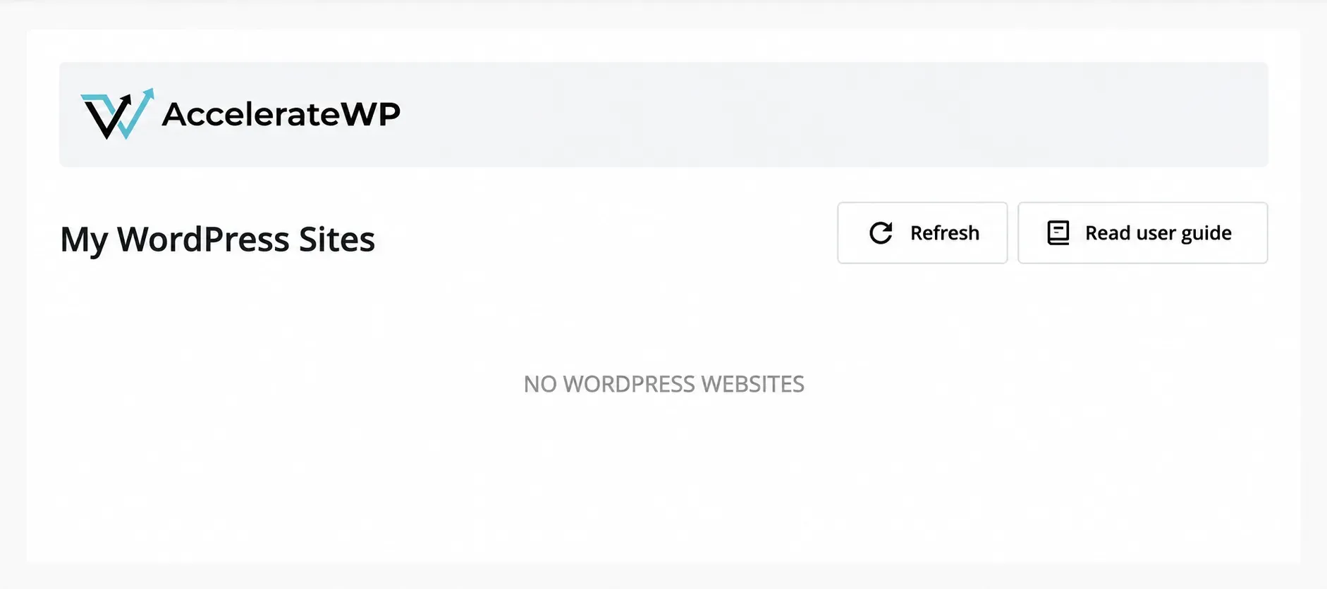 AccelerateWP cu lista instalărilor WordPress și starea fără site-uri detectate