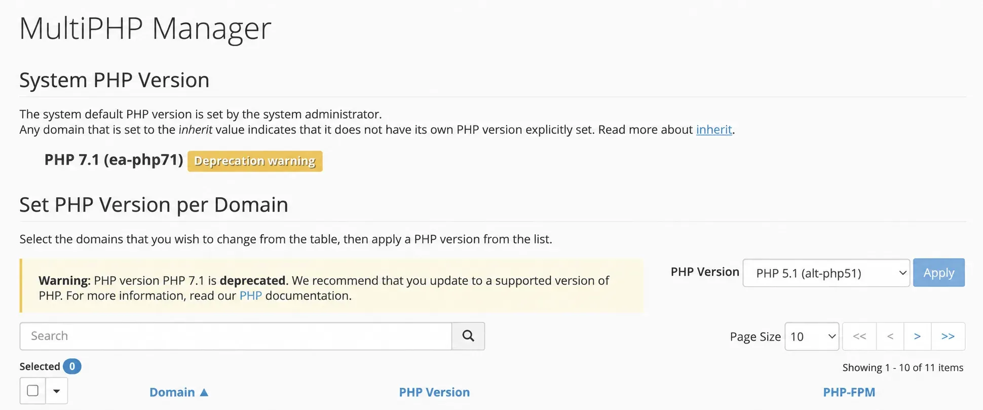 Controalele de selecție a versiunii PHP din MultiPHP Manager