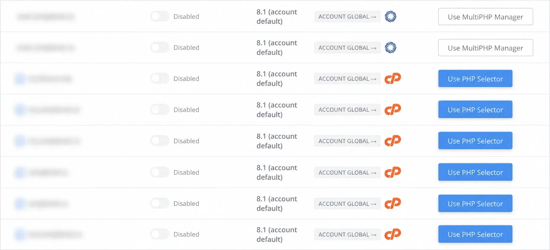 Domenii mascate și acțiunile de comutare între PHP Selector și MultiPHP Manager