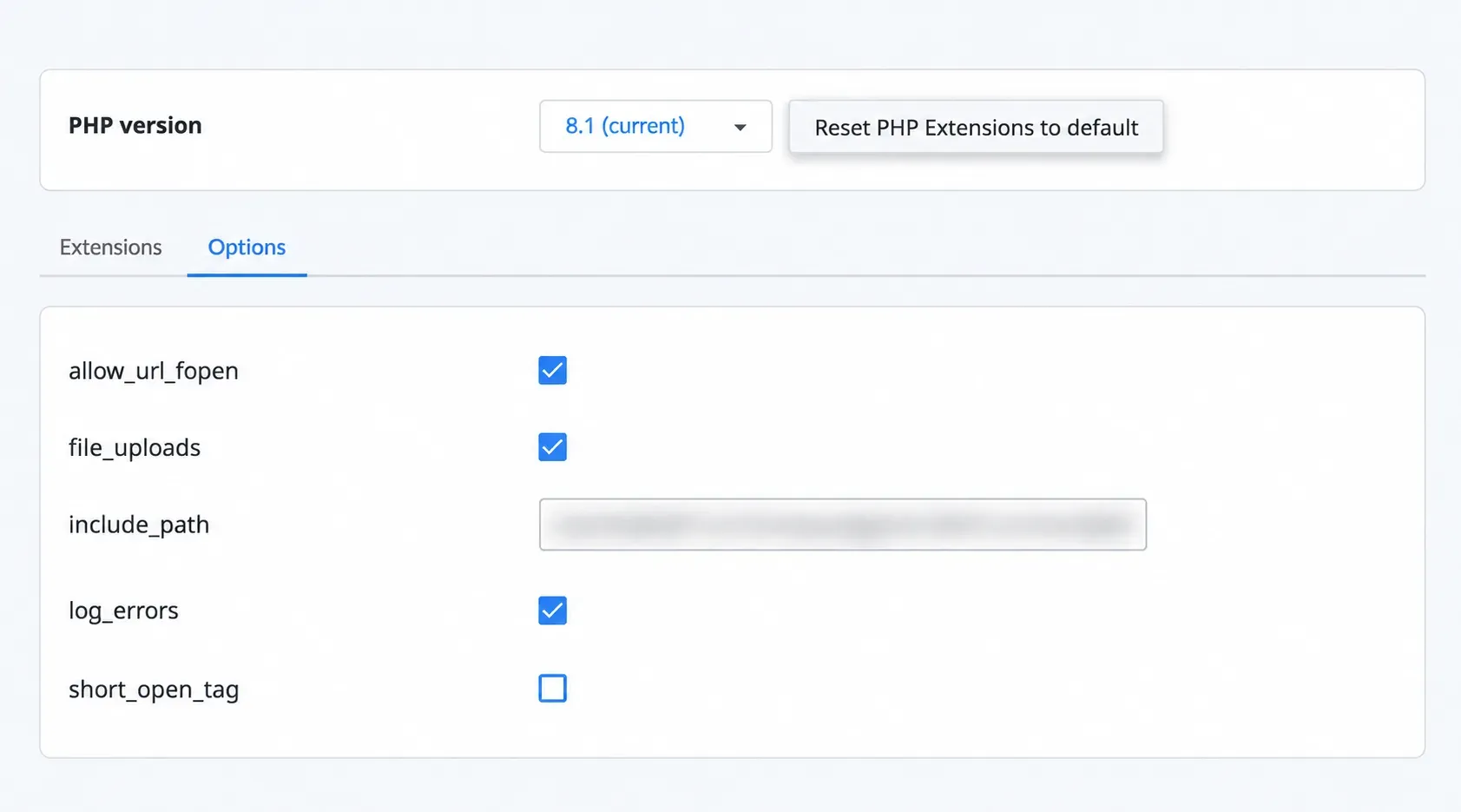 Setările PHP Selector și opțiunile PHP disponibile