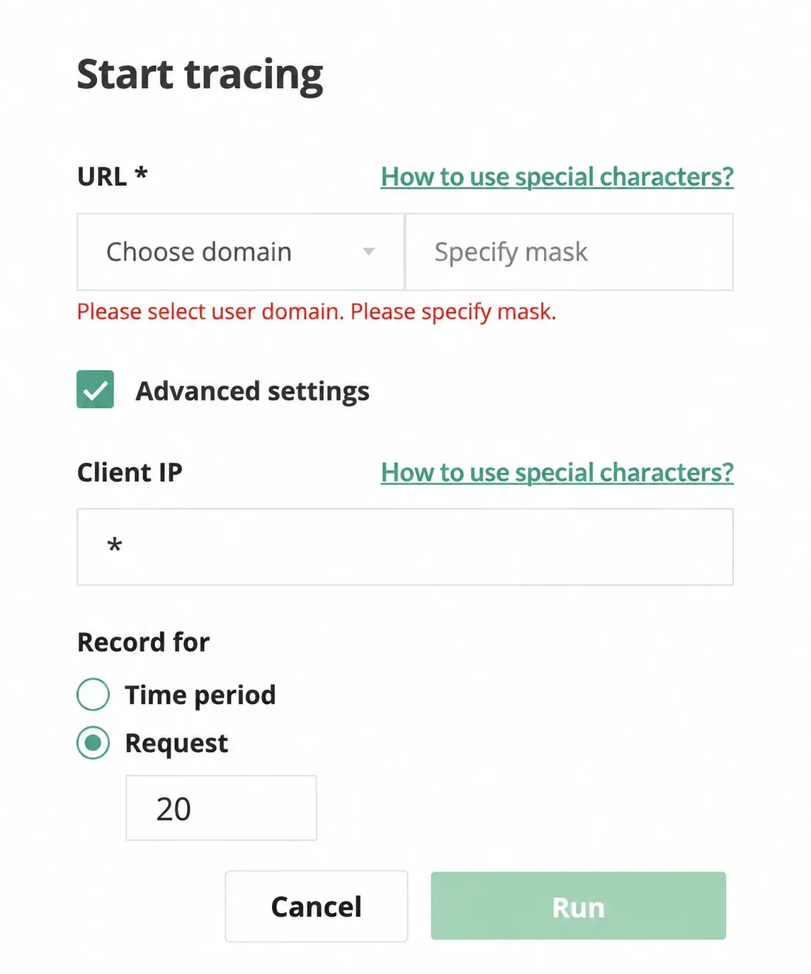 Formularul Start tracing din X-Ray App, inclusiv setările avansate