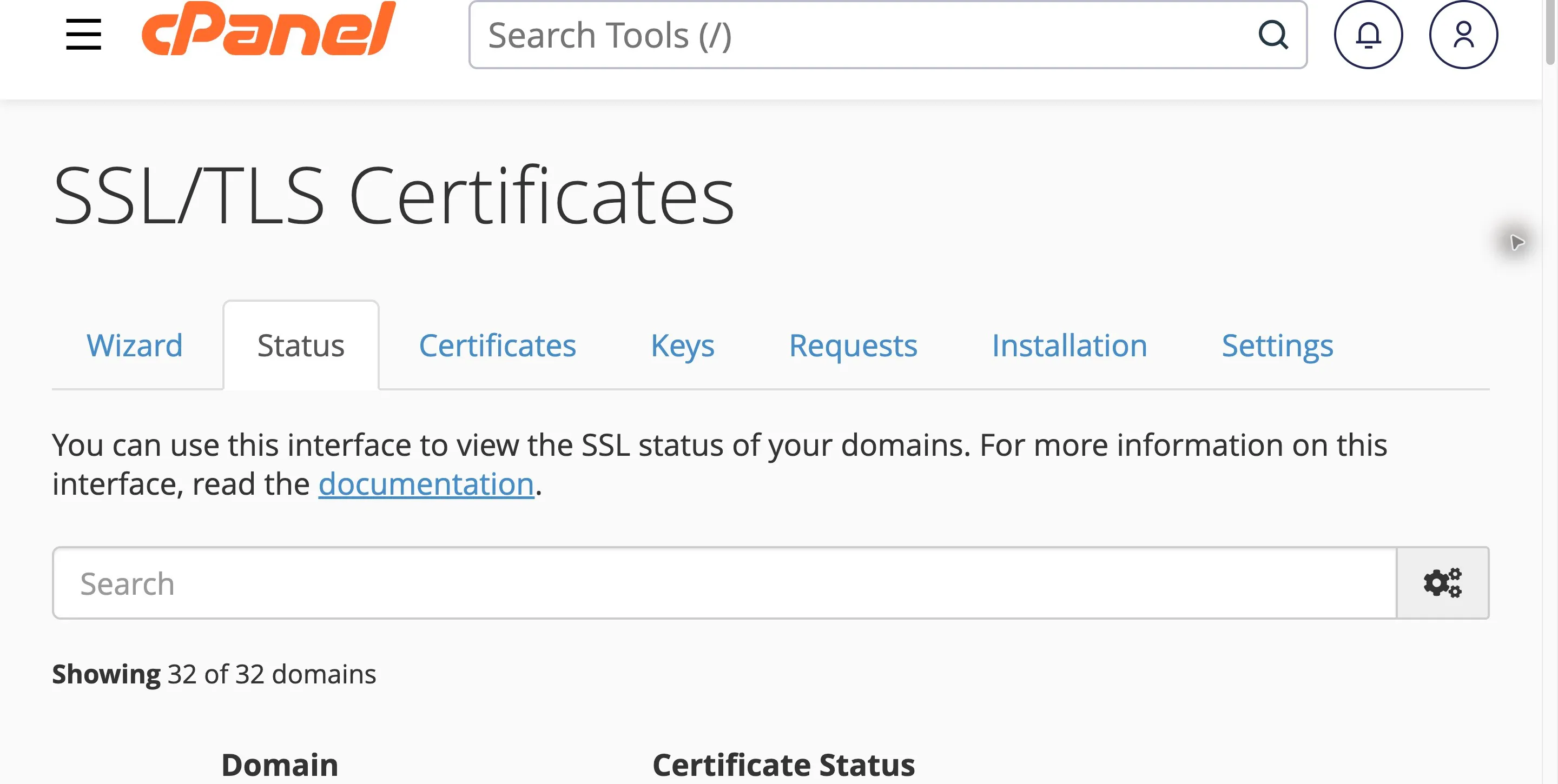 Fila Status din SSL/TLS Certificates în cPanel