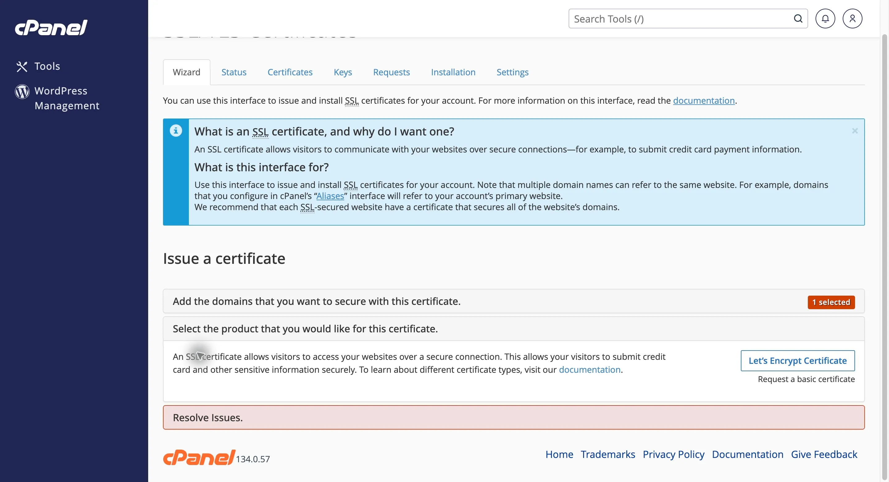 Opțiunea Let’s Encrypt Certificate din Wizard