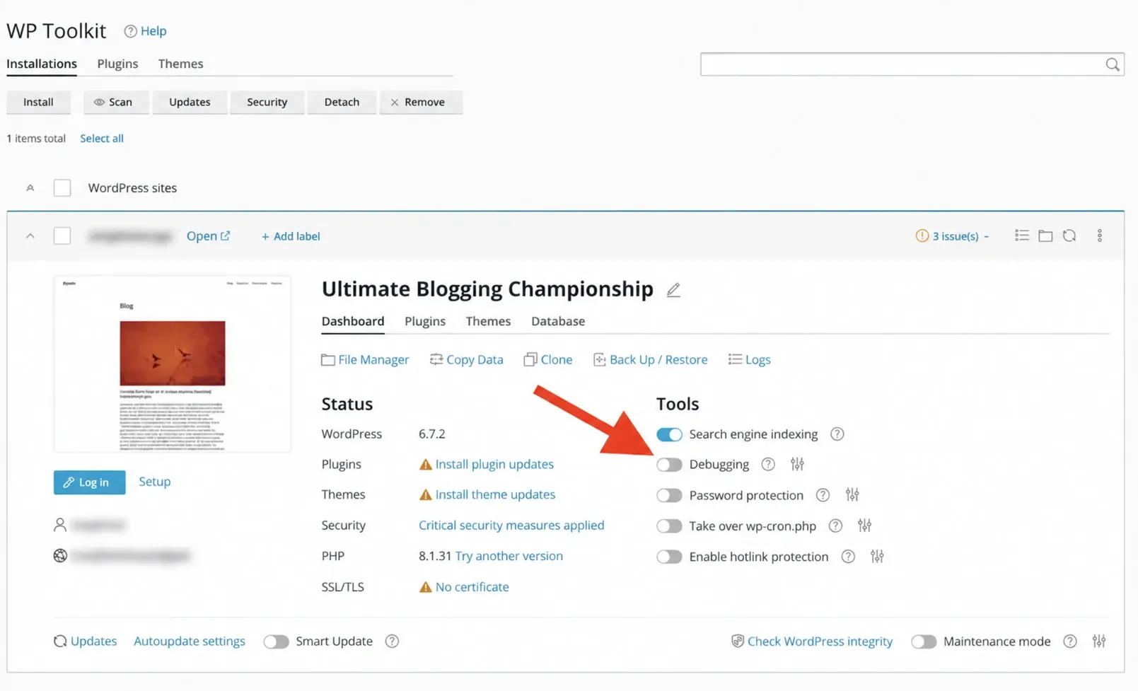 Comutatorul Debugging în cPanel WordPress Management, cu domeniul mascat