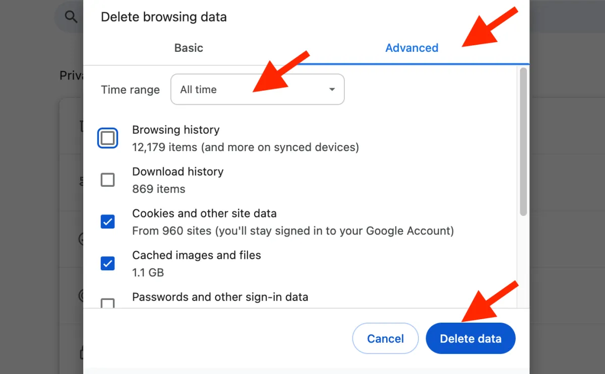 Delete browsing data în Google Chrome