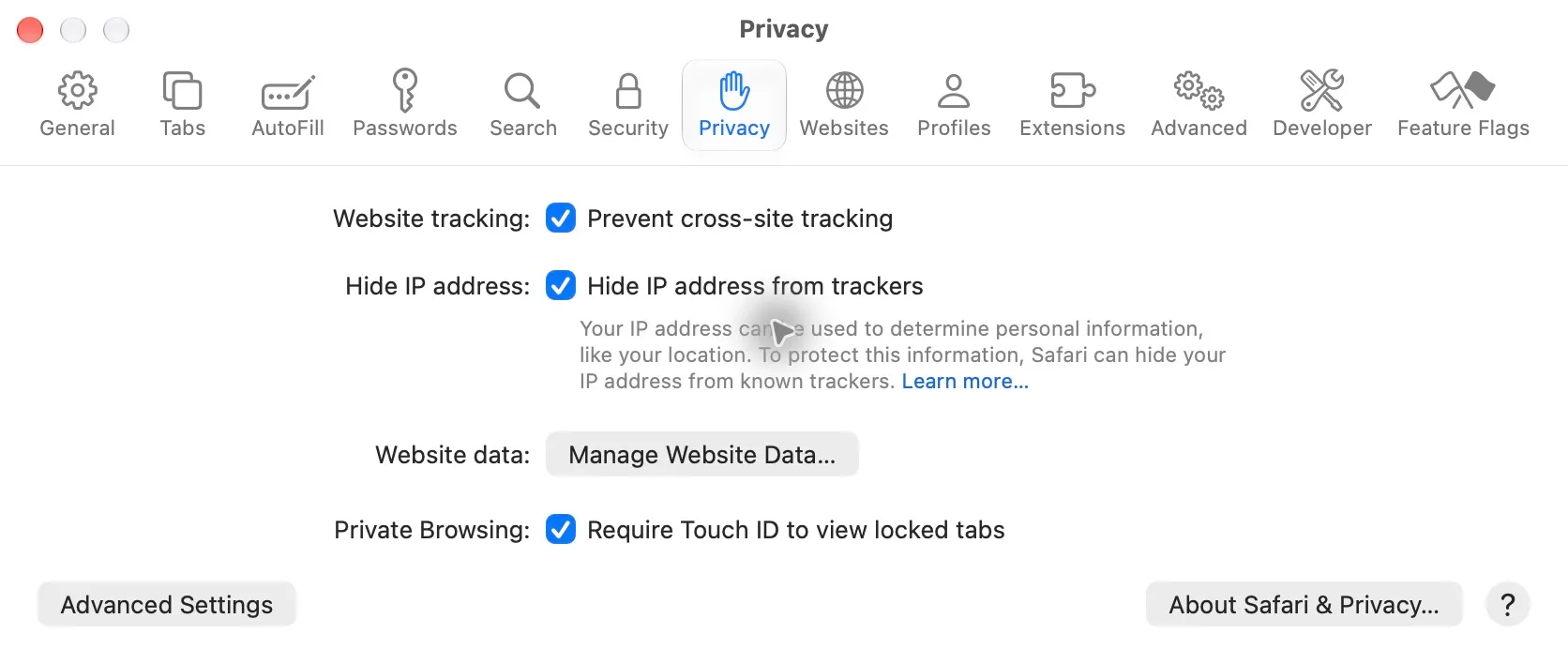 Fila Privacy din Safari pe Mac, cu butonul Manage Website Data