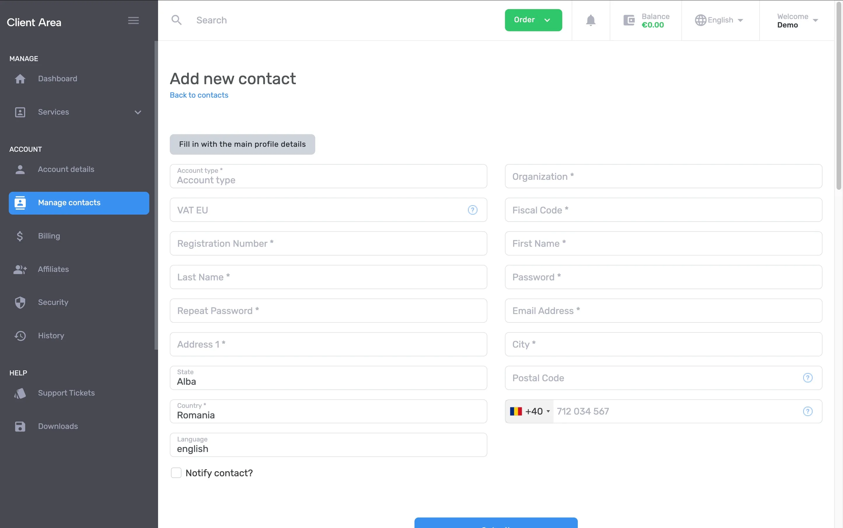Formularul Add new contact gol, înainte de completarea datelor și a parolei