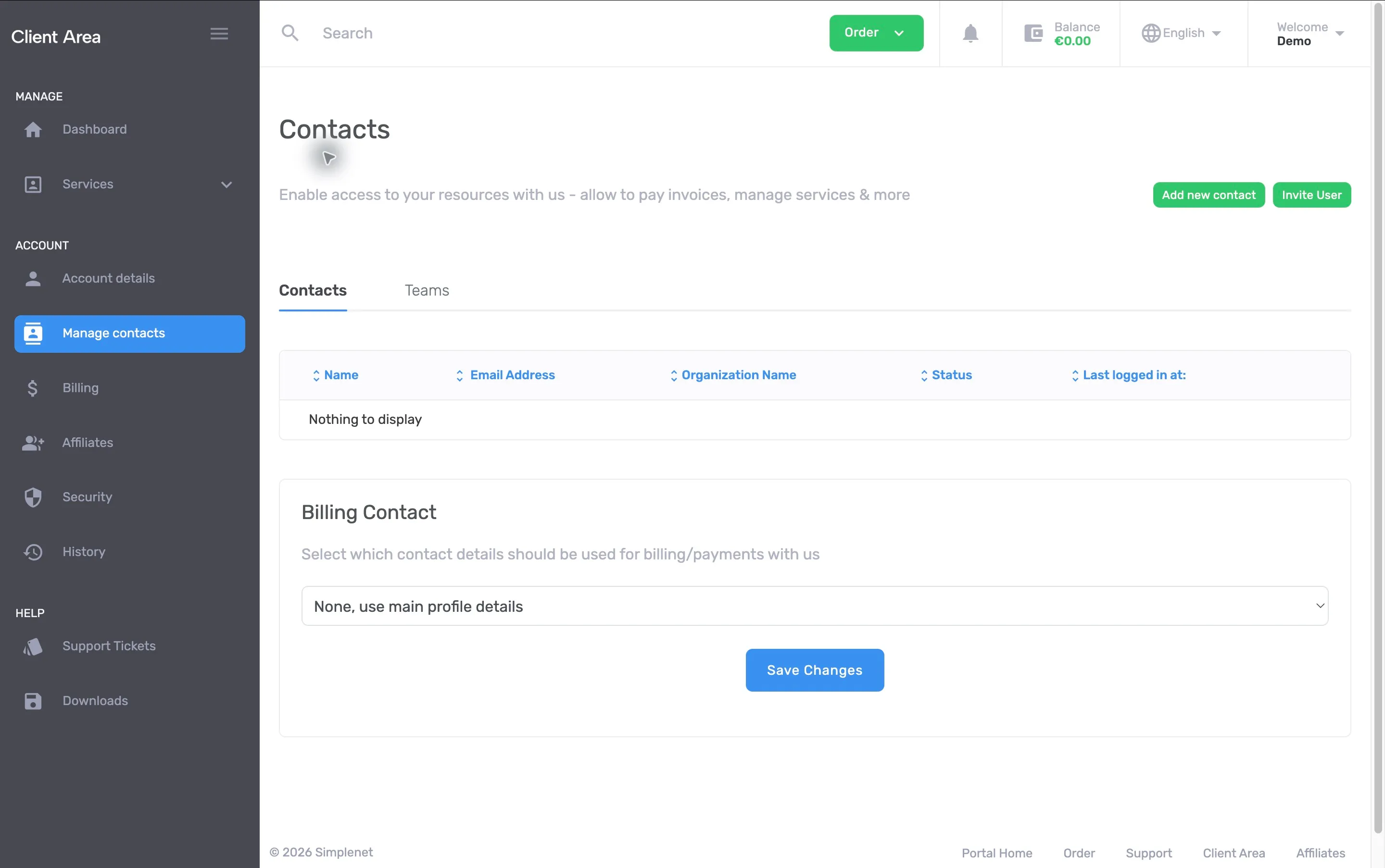 Lista de contacte goală din contul Demo, cu butoanele Add new contact și Invite User și selectorul Billing Contact
