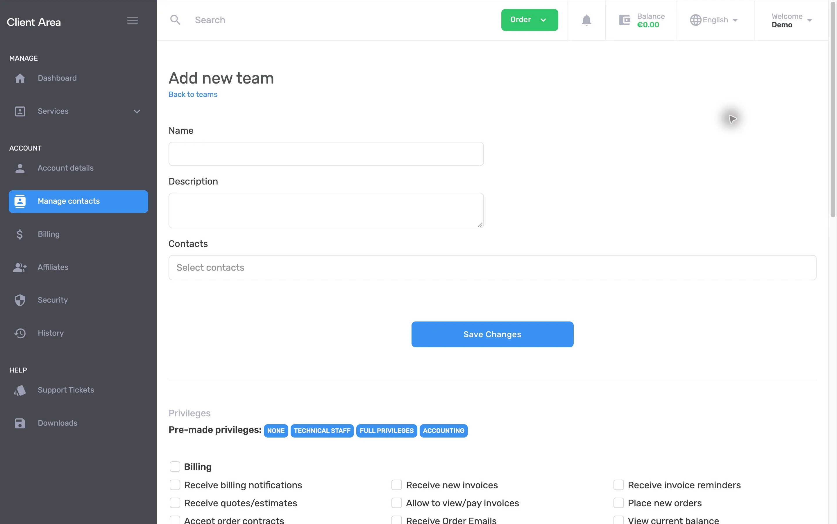 Formularul Add new team gol, cu numele, descrierea, contactele și presetările de permisiuni