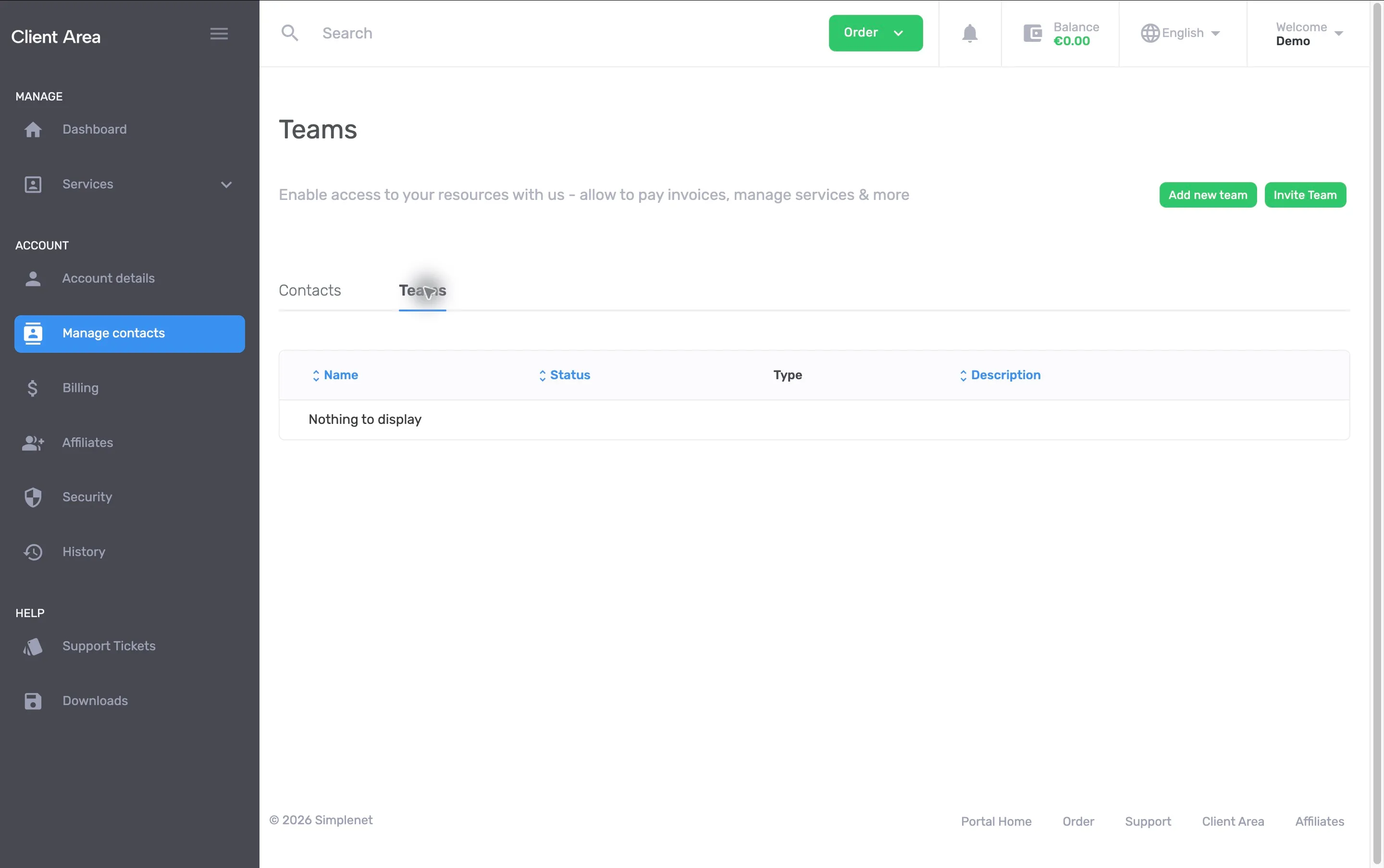 Lista de echipe goală din contul Demo, cu butoanele Add new team și Invite Team