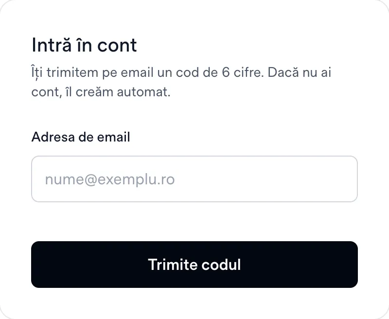 Formularul de autentificare Simplenet Drop, cu câmpul Adresa de email gol și butonul Trimite codul