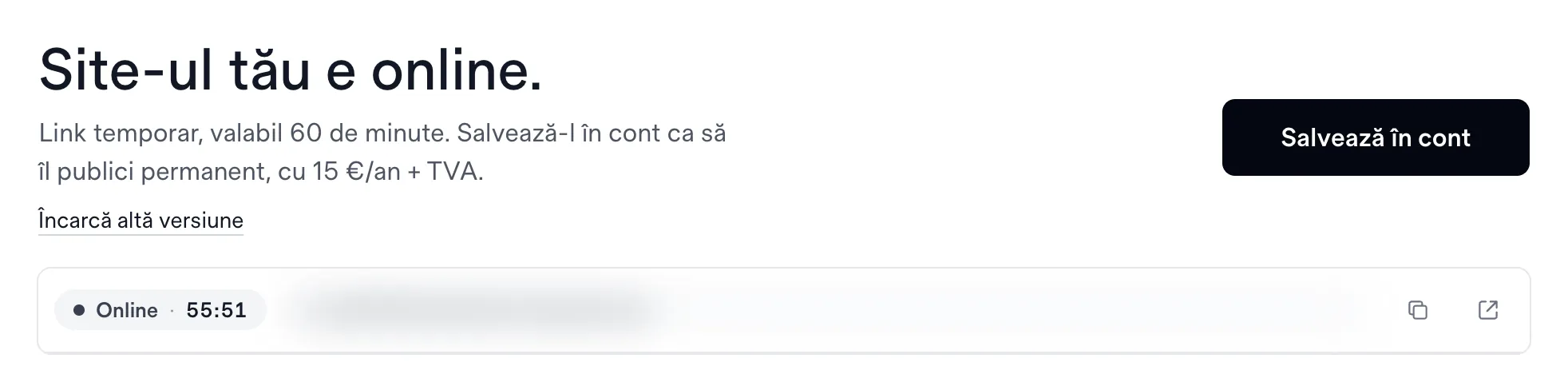 Rezultatul unei încărcări în Simplenet Drop, cu butonul Salvează în cont și adresa previzualizării mascată