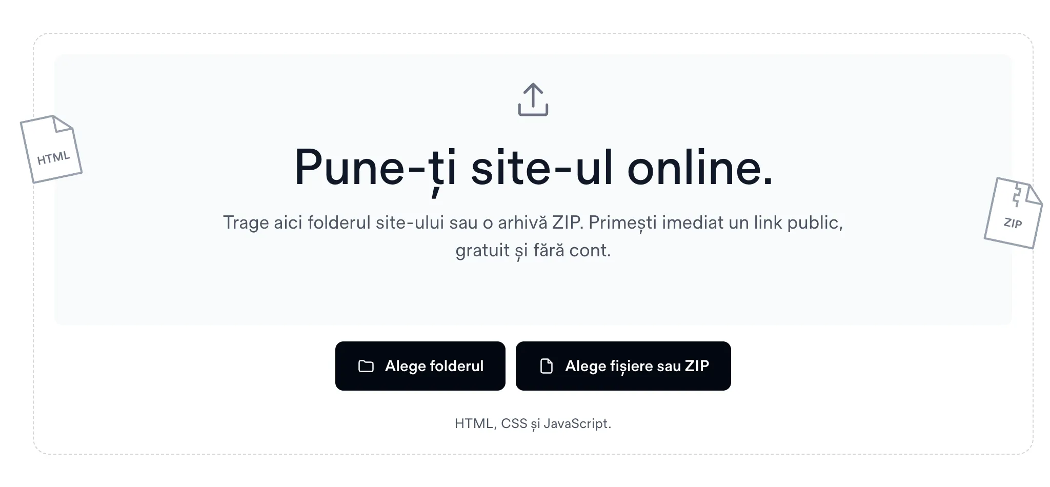 Zona de încărcare Simplenet Drop, cu butoanele Alege folderul și Alege fișiere sau ZIP, înainte de selectarea fișierelor