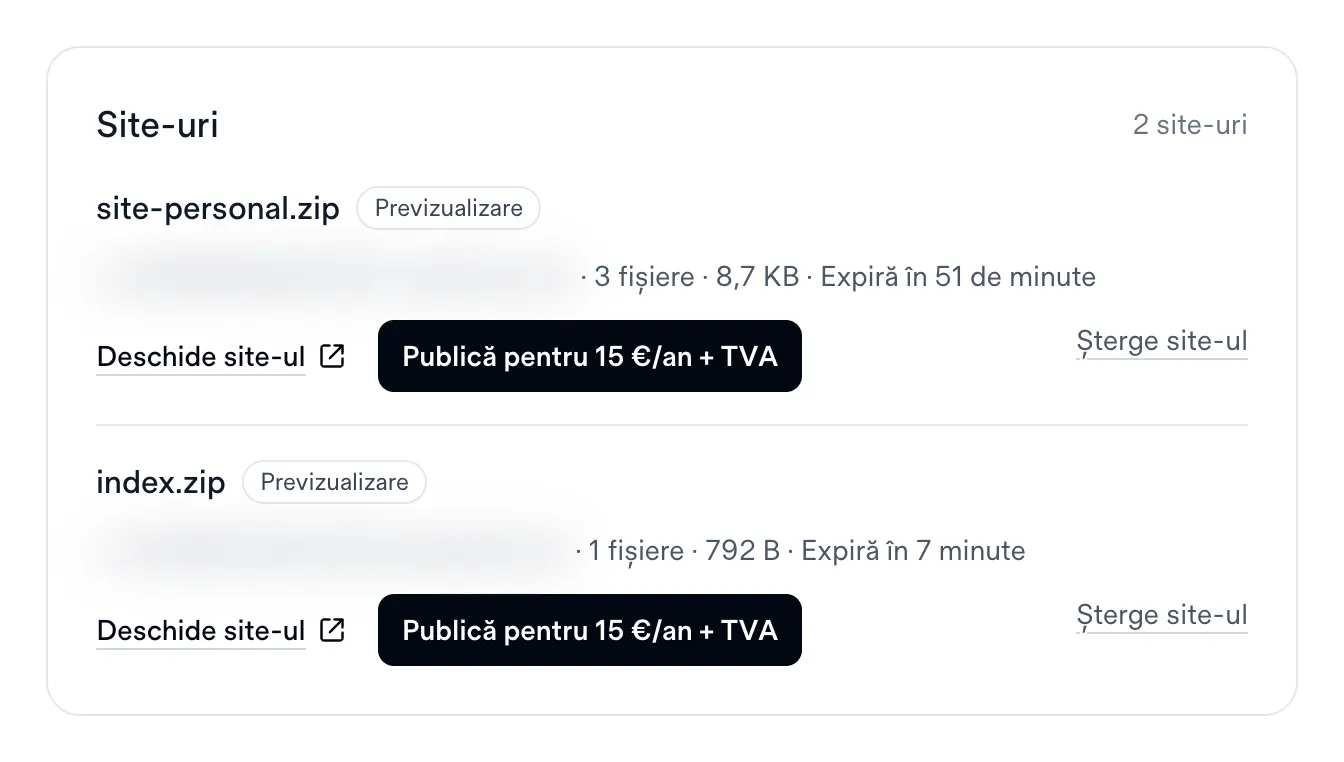 Lista Site-uri din contul Drop, cu două previzualizări asociate și domeniile mascate