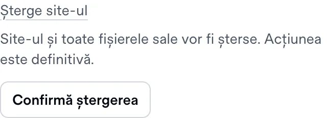 Opțiunea Șterge site-ul pentru o previzualizare Drop, cu avertismentul că acțiunea este definitivă și butonul Confirmă ștergerea