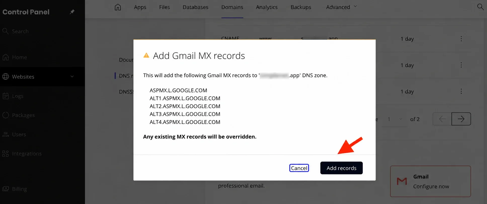 Confirmă adăugarea înregistrărilor pentru Gmail, cu domeniul mascat