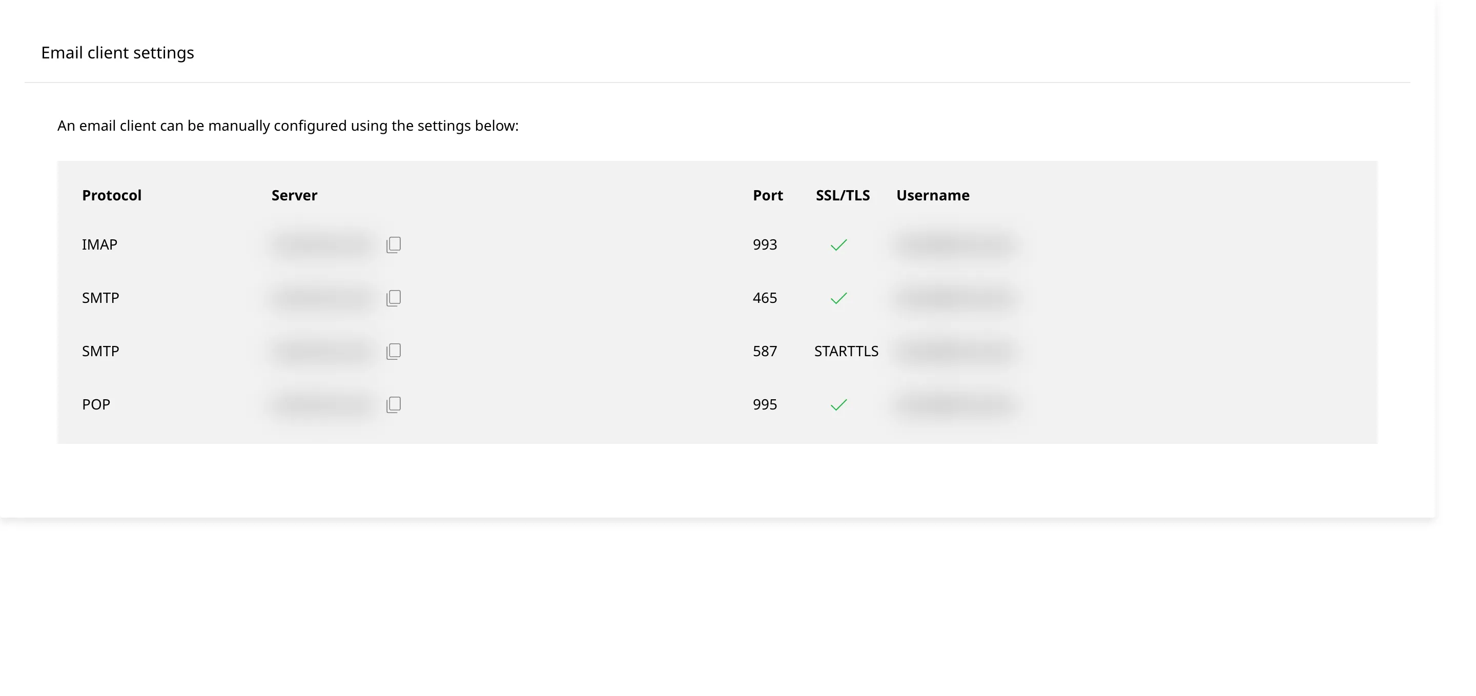 Tabelul Email client settings din Enhance, cu serverele și numele de utilizator mascate, protocoalele IMAP, SMTP și POP, porturile și criptarea
