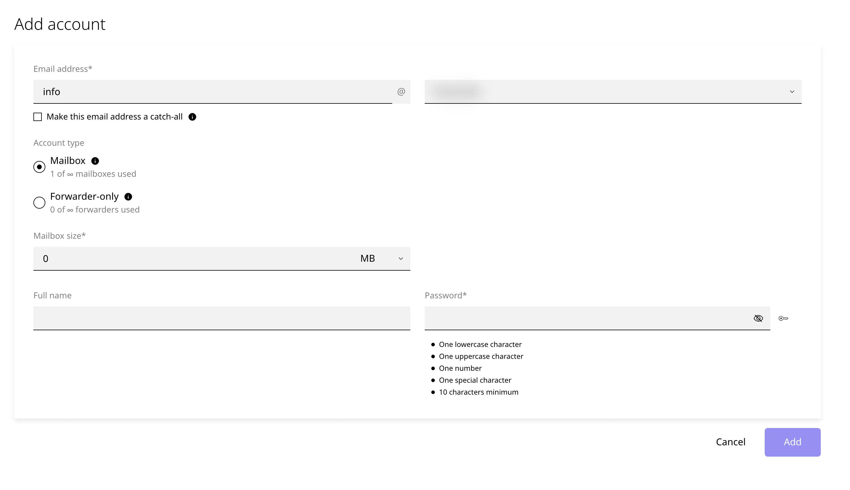 Formularul Add account din Enhance, cu adresa exemplu info, domeniul mascat, opțiunile Mailbox și Forwarder-only, dimensiunea și cerințele parolei