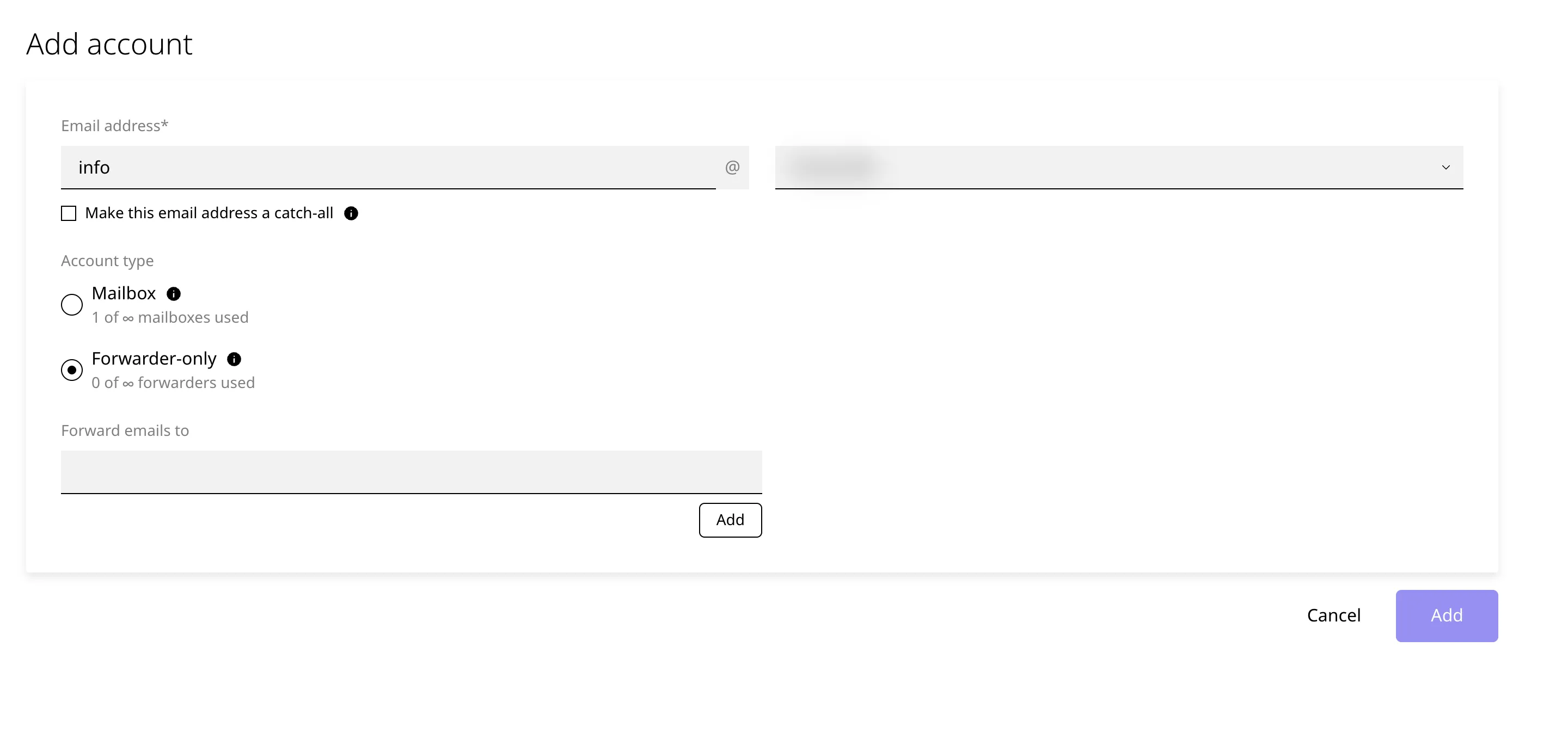 Formularul Add account din Enhance cu Forwarder-only selectat, domeniul mascat și câmpul Forward emails to