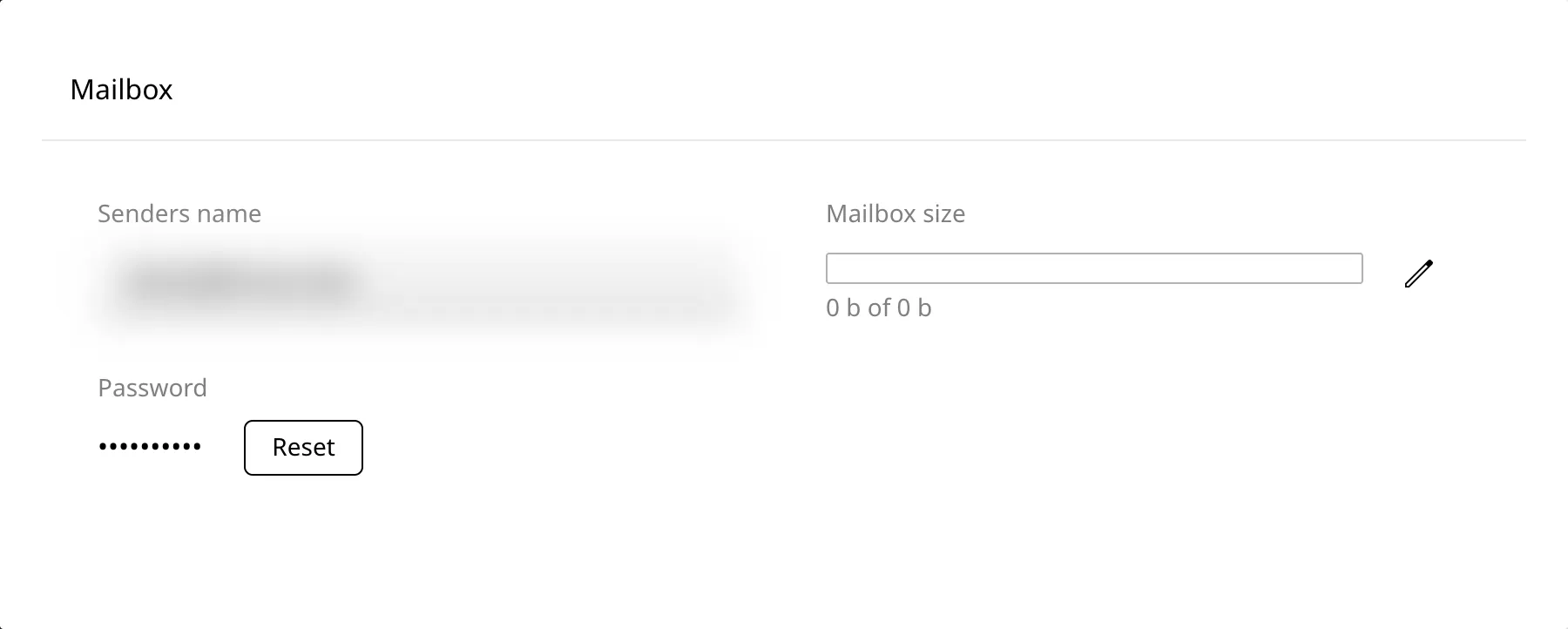 Secțiunea Mailbox din Enhance, cu Senders name mascat, Mailbox size și butonul Reset