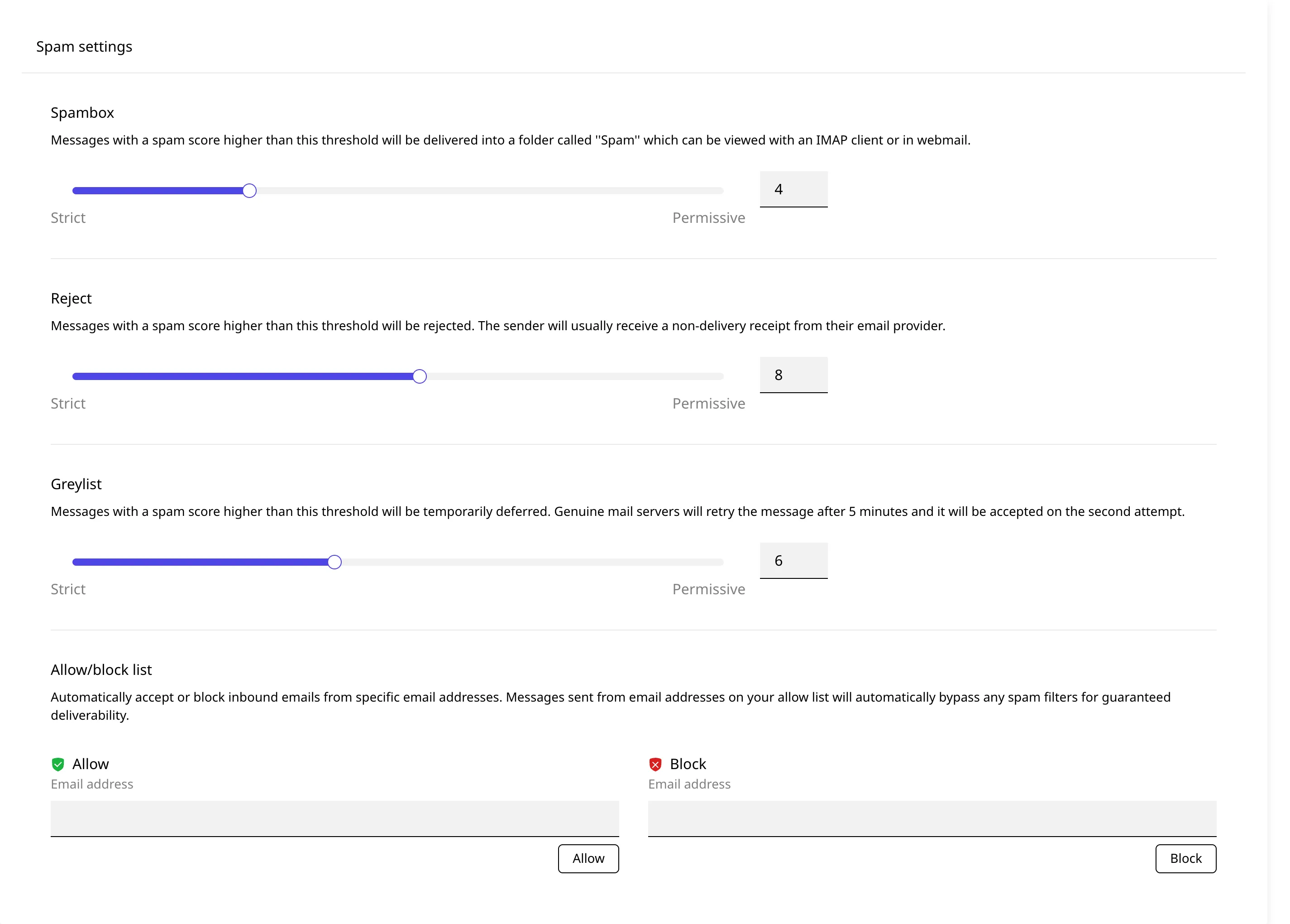 Spam settings în Enhance, cu pragurile Spambox, Reject și Greylist și câmpurile separate pentru Allow și Block