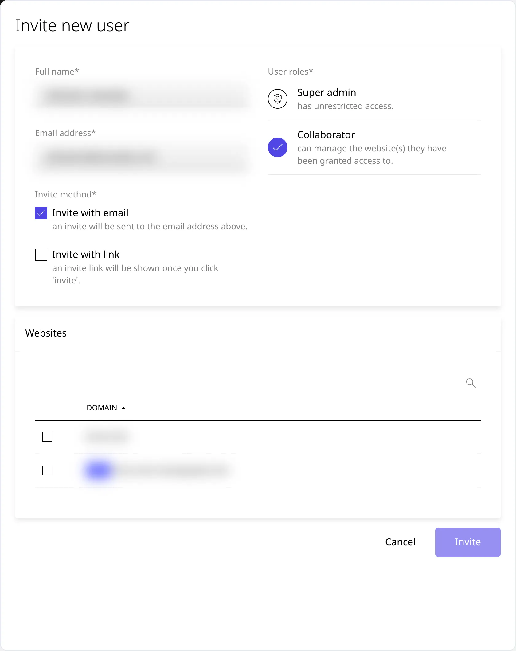 Formularul Invite new user din Enhance, cu rolul Collaborator ales și lista Websites, cu numele, emailul și domeniile mascate