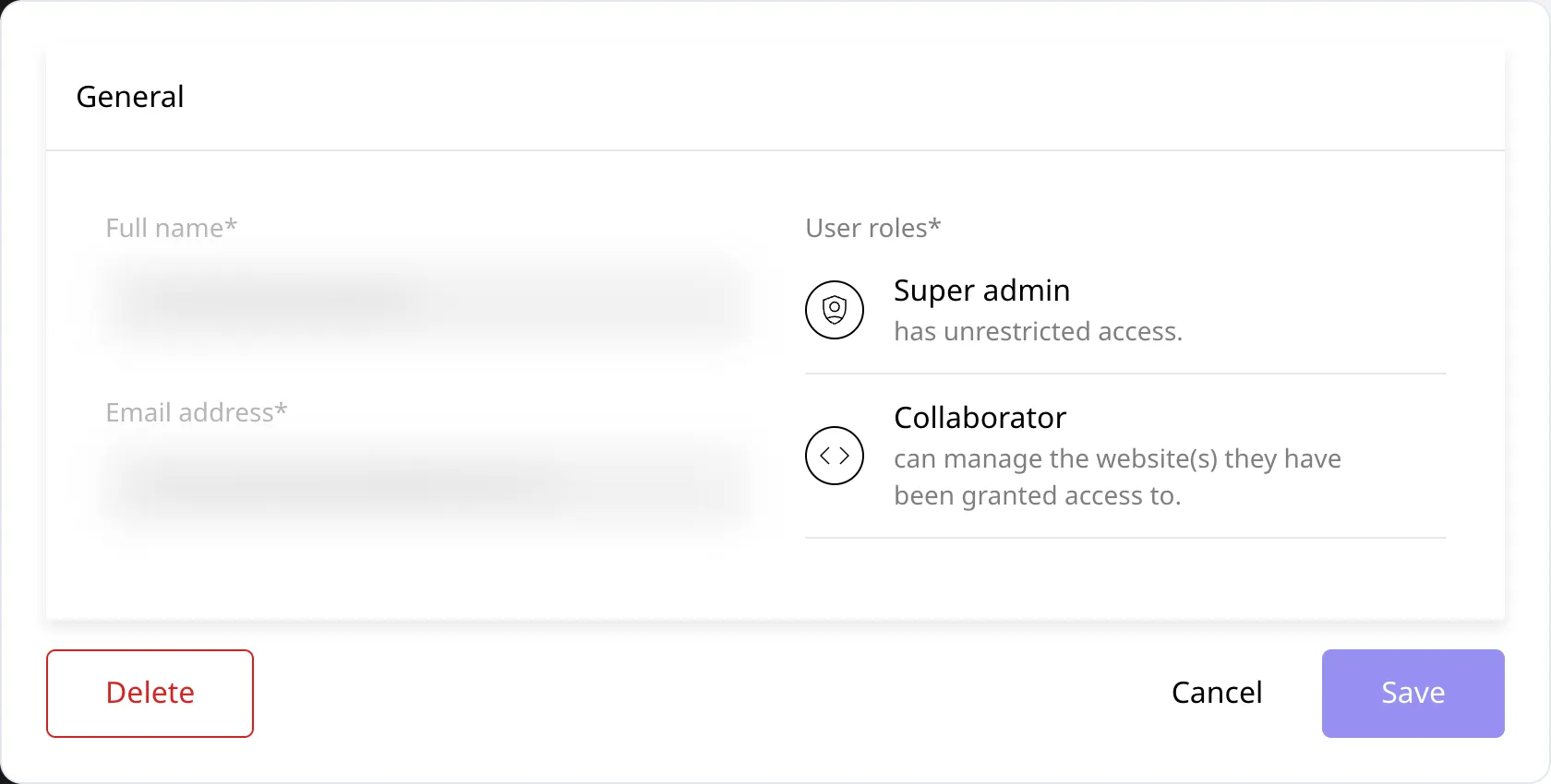Formularul General din Enhance pentru schimbarea rolului, cu numele și adresa de email mascate și butoanele Delete, Cancel și Save