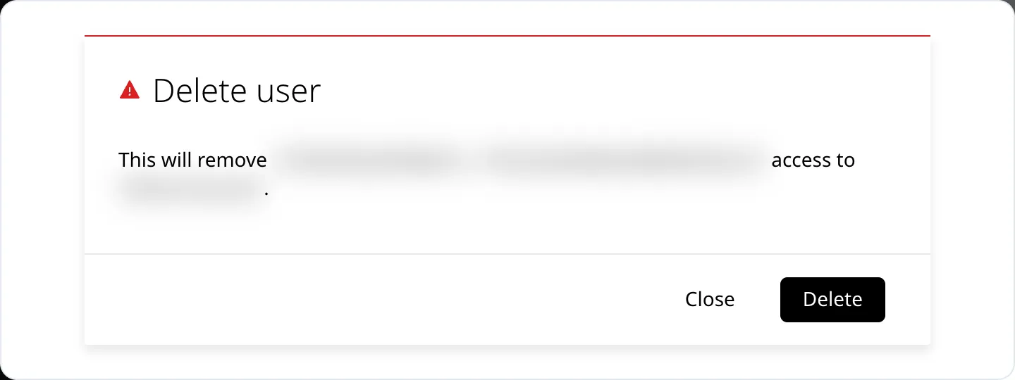 Confirmarea Delete user din Enhance, cu identitatea utilizatorului și numele organizației mascate și butoanele Close și Delete