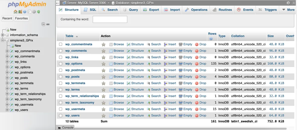 phpMyAdmin cu cele 12 tabele wp_ ale unei instalări WordPress și dimensiunea fiecăreia