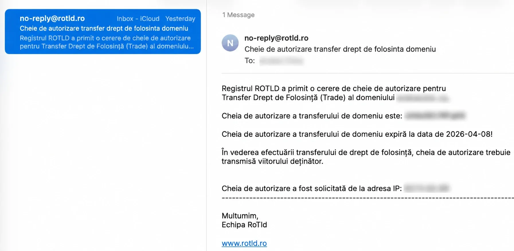 Mail de la RoTLD cu cheia pentru transferul dreptului de folosință, cu datele private mascate
