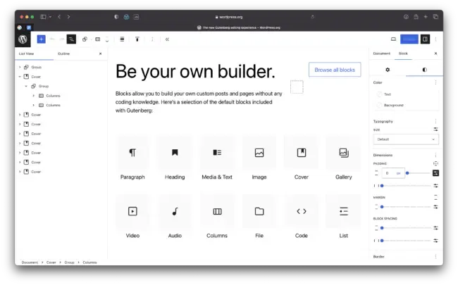Blocurile native Gutenberg în editor: Paragraph, Heading, Media & Text, Image, Cover, Gallery, Video, Audio, Columns, File, Code și List