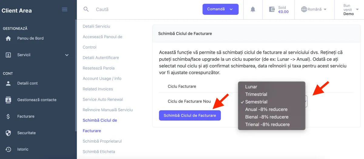 Alege ciclul de facturare și confirmă