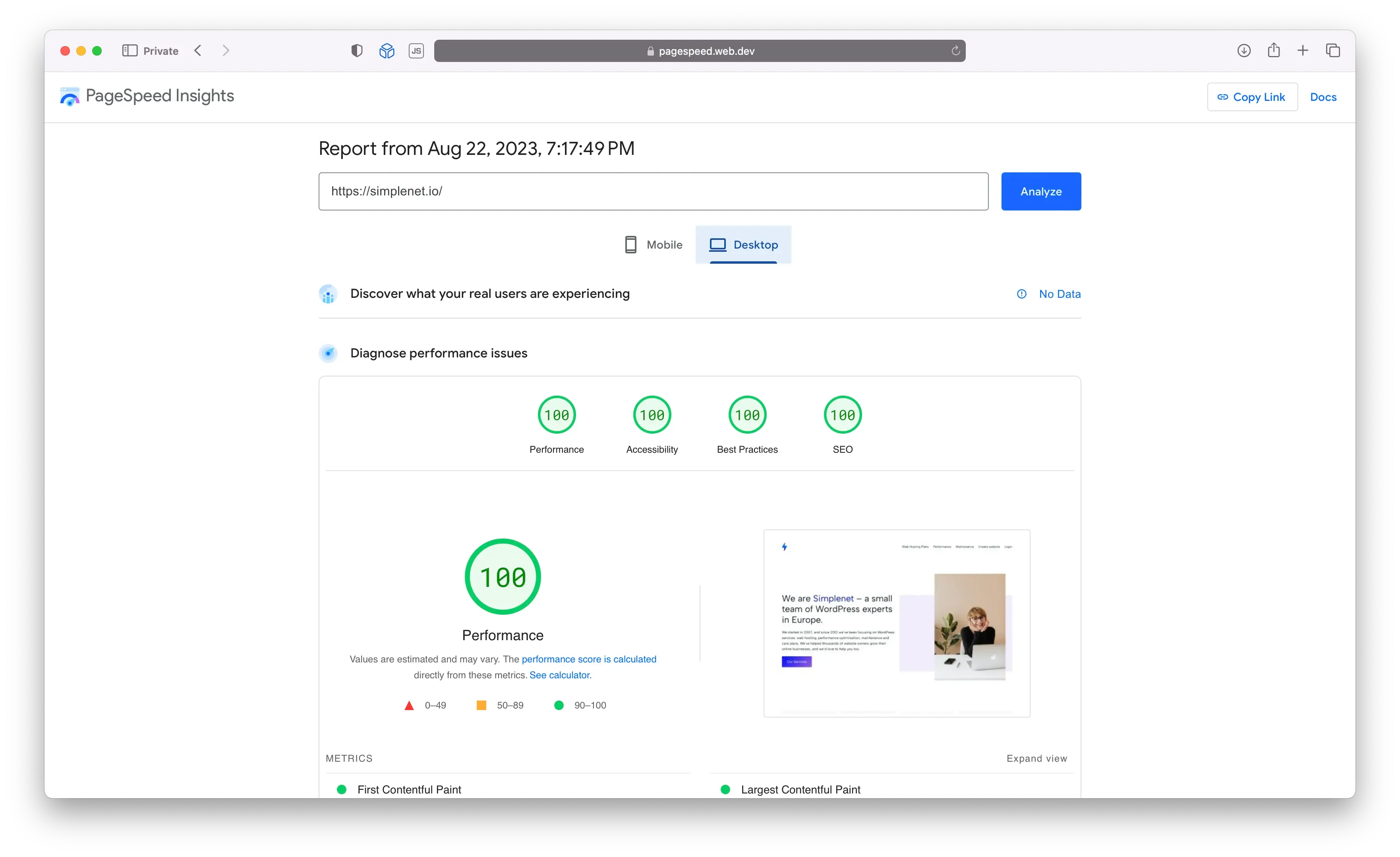PageSpeed Insights pentru simplenet.io: 100 la Performance, Accessibility, Best Practices și SEO