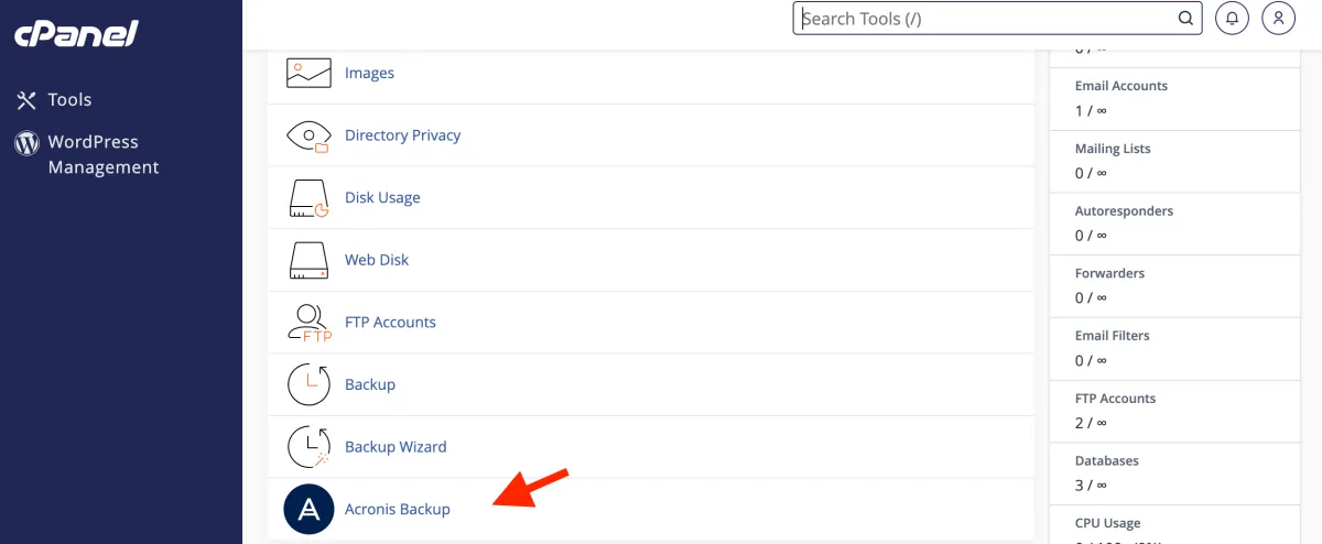 Acronis Backup în grupul Files din cPanel