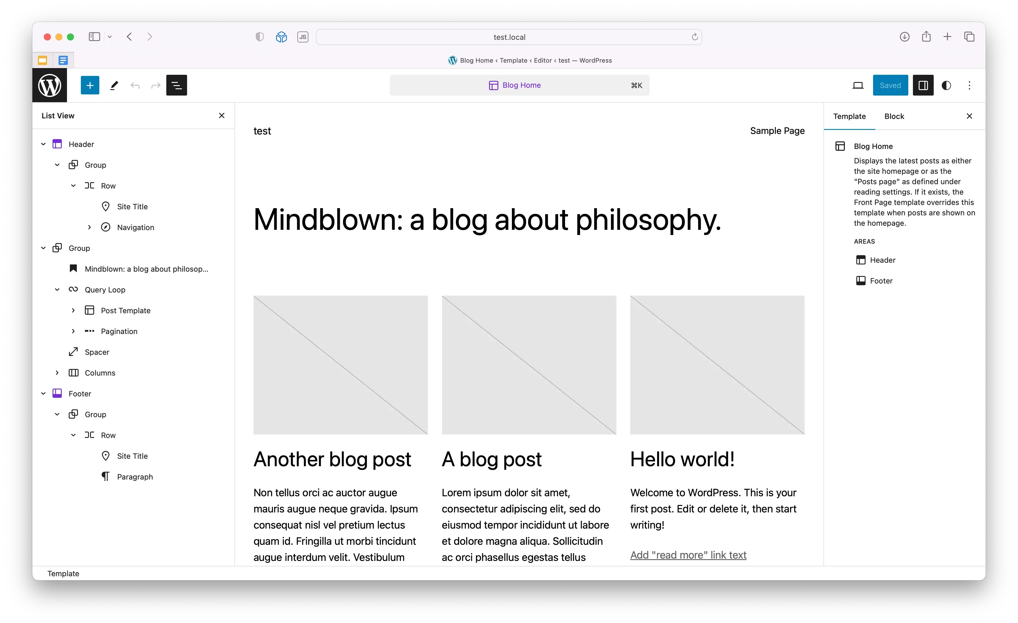 Editorul de site WordPress cu șablonul Blog Home deschis, structura paginii în stânga și panoul Template în dreapta