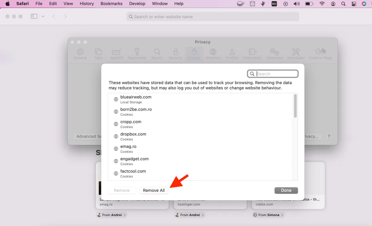 Ștergere cache și cookie-uri din Safari pe macOS