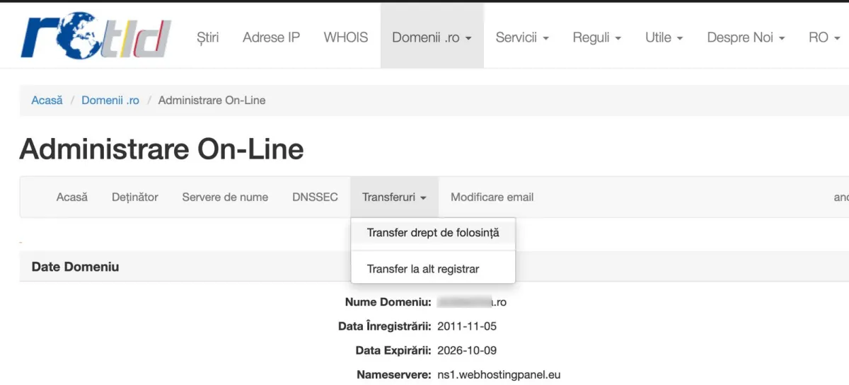 Transfer drept de folosință pentru domeniu .ro