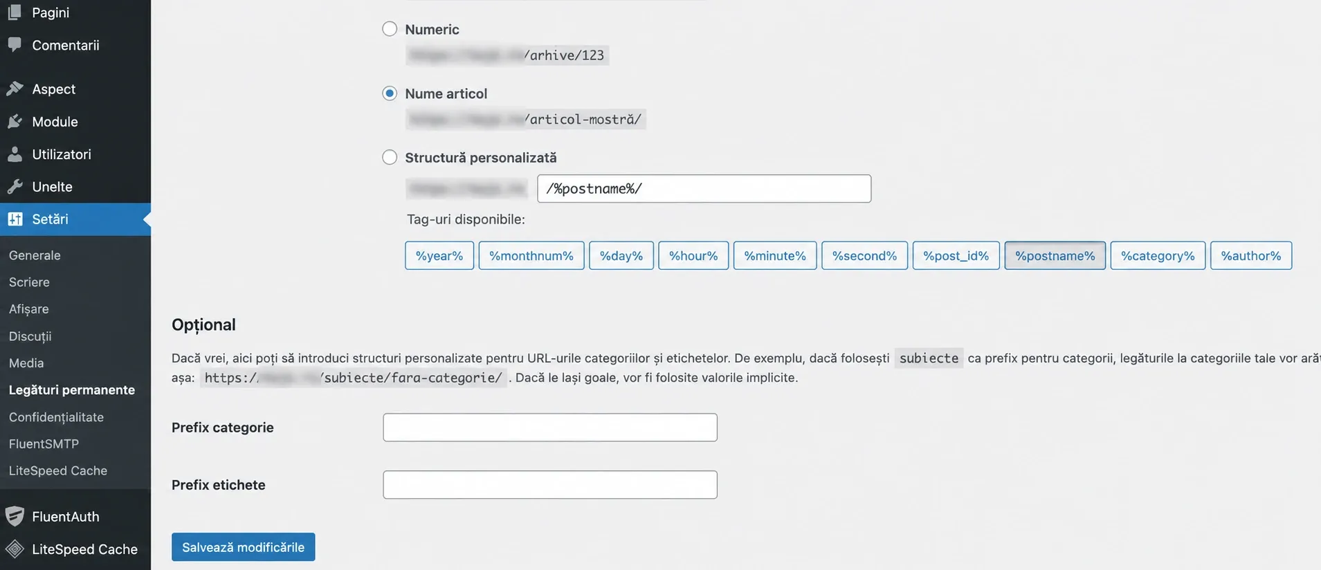 Setări Legături permanente în WordPress, cu domeniul mascat