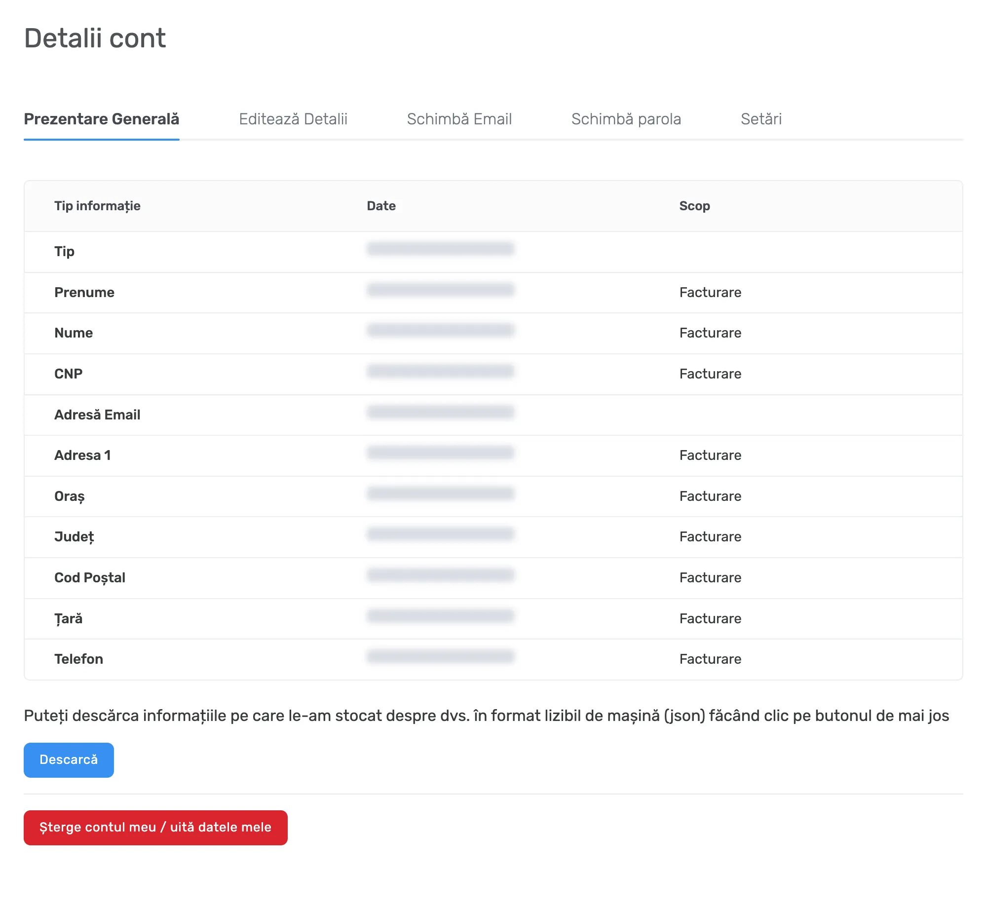 Prezentare Generală din Detalii cont, cu datele personale mascate și butonul Descarcă pentru exportul JSON