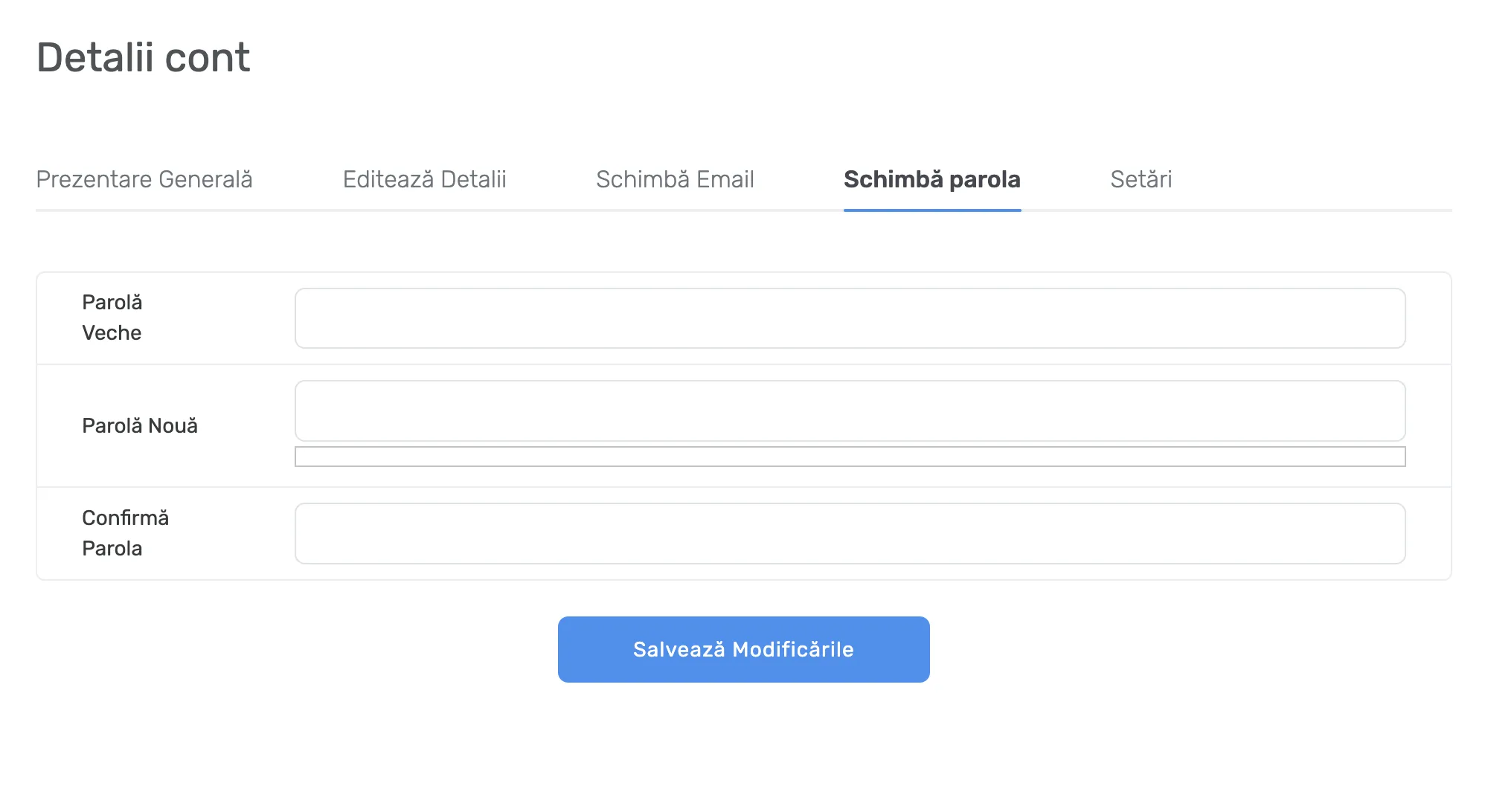 Formularul Schimbă parola din Detalii cont, cu câmpurile Parolă Veche, Parolă Nouă și Confirmă Parola goale