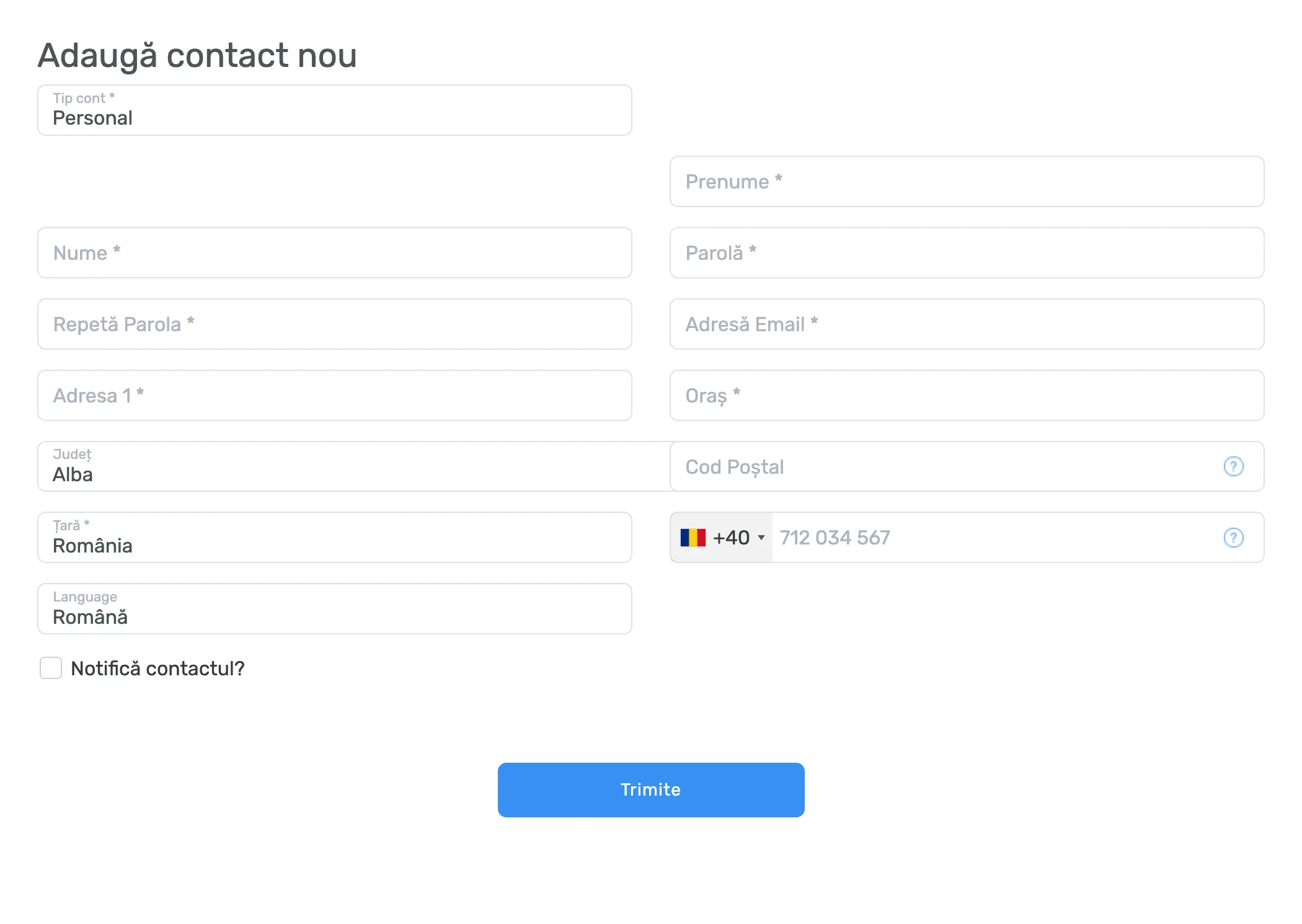 Formularul Adaugă contact nou cu tipul Personal selectat și câmpurile de date și parolă goale