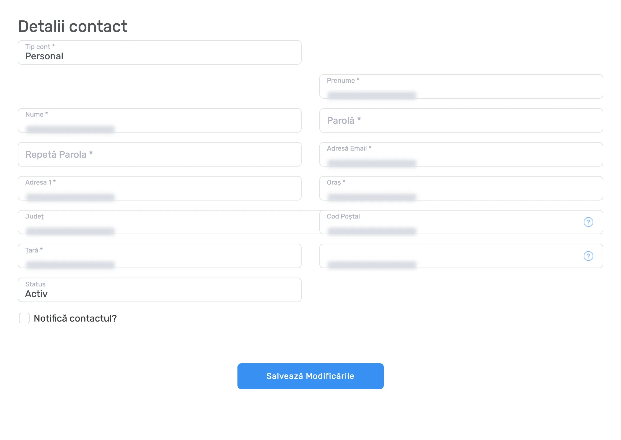 Formularul Detalii contact, cu datele personale mascate, câmpurile de parolă goale, selectorul Status și butonul Salvează Modificările