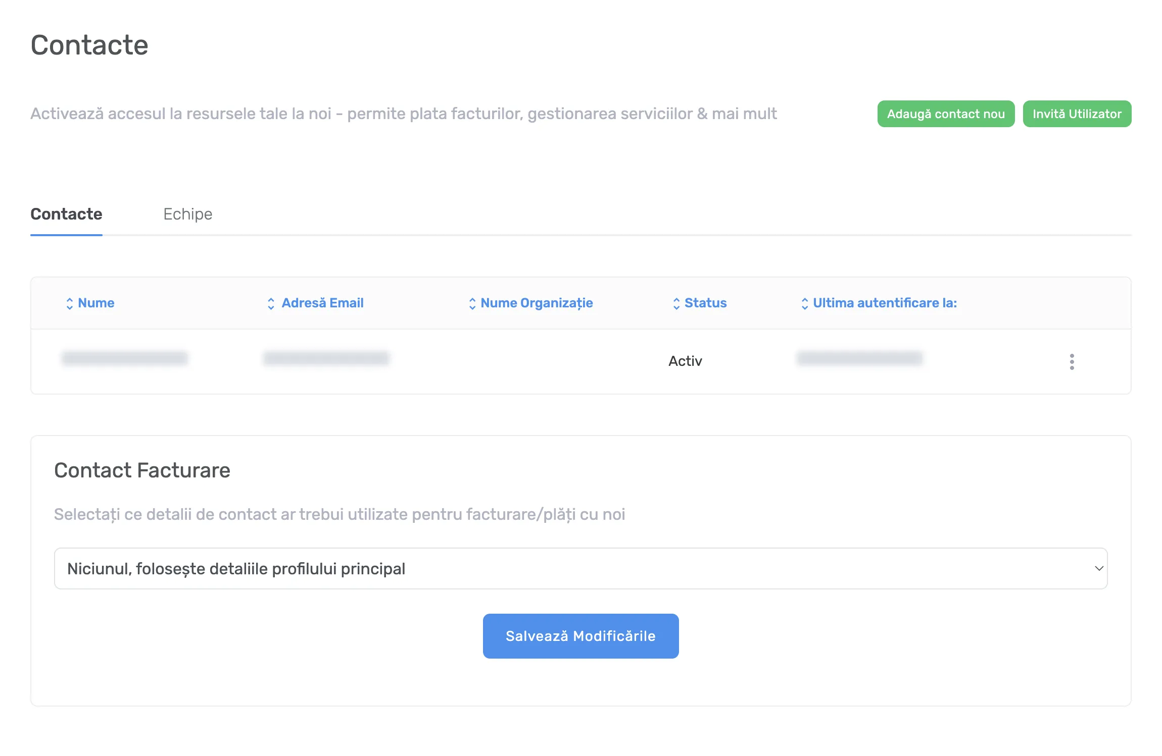Lista Contacte, cu datele personale mascate, butoanele Adaugă contact nou și Invită Utilizator și selectorul Contact Facturare