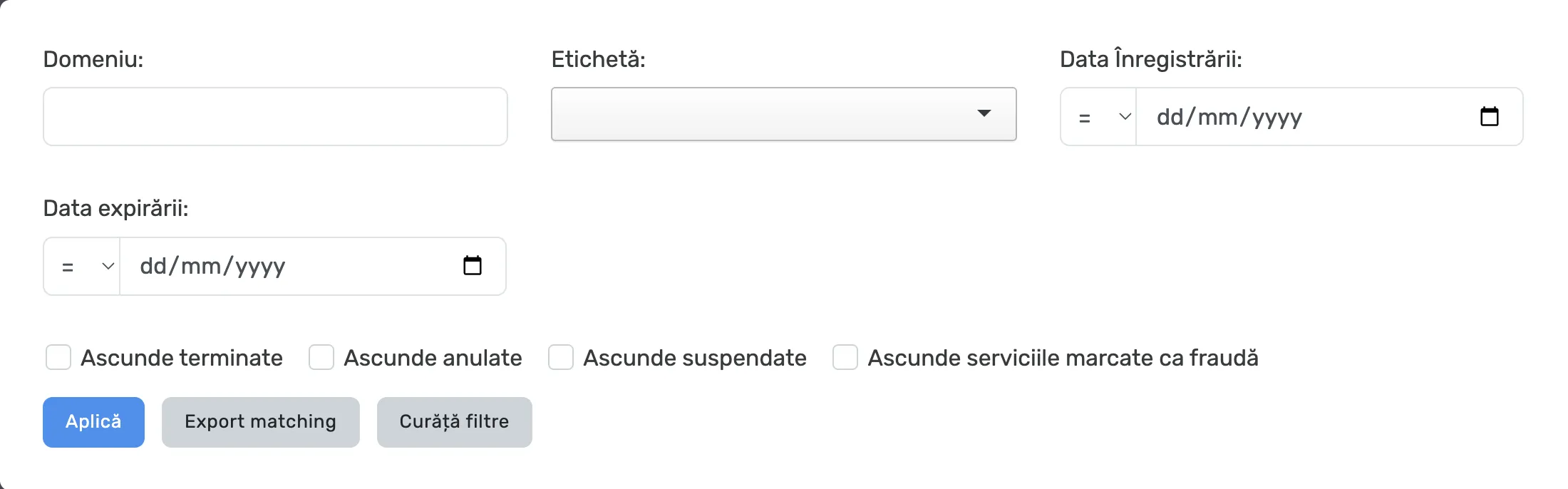 Panoul de filtrare a domeniilor, cu câmpurile goale și comenzile Aplică, Export matching și Curăță filtre