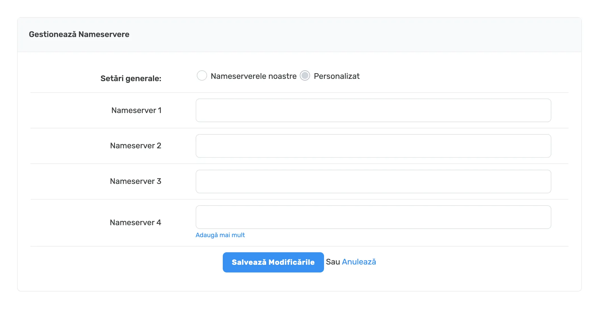 Formularul Gestionează Nameservere cu Personalizat selectat, patru câmpuri goale, Adaugă mai mult și Salvează Modificările