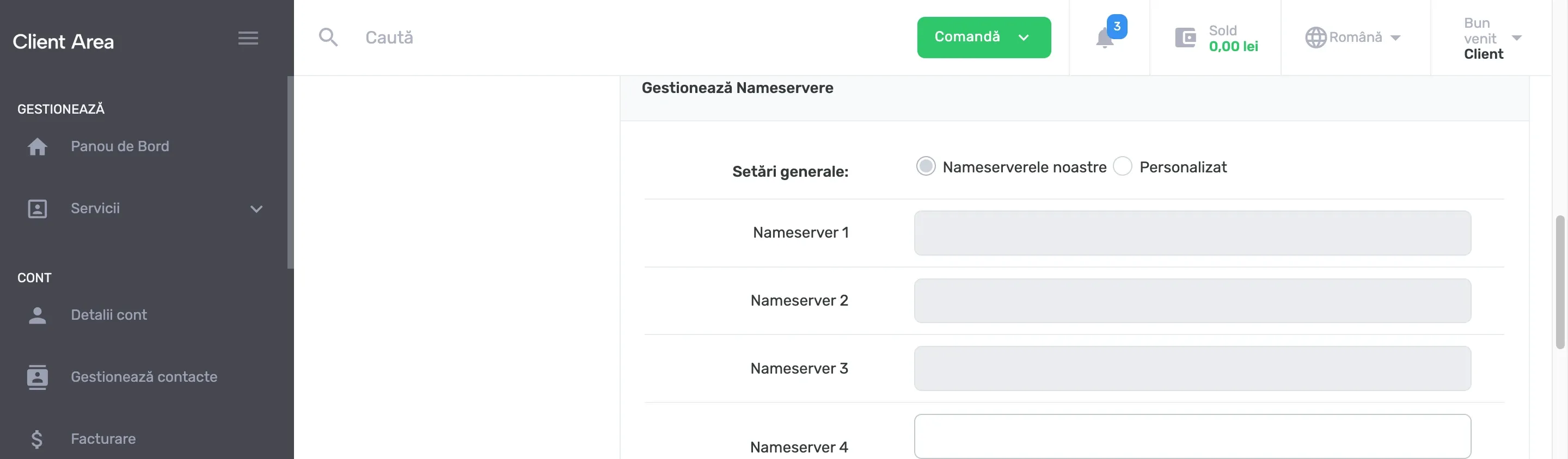 Formularul Nameservere cu opțiunile de configurare și câmpurile pentru nameservere