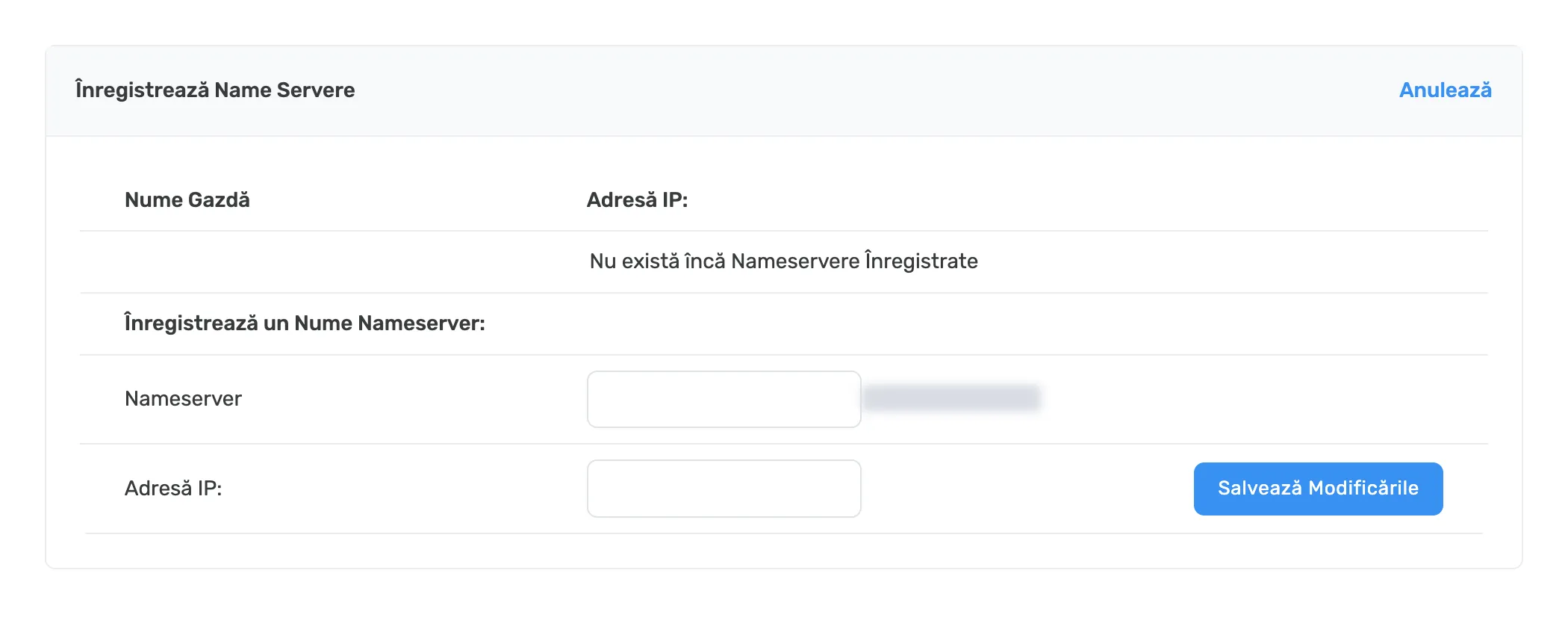 Formularul complet Înregistrează Name Servere, cu domeniul mascat, câmpurile Nameserver și Adresă IP goale și butonul Salvează Modificările