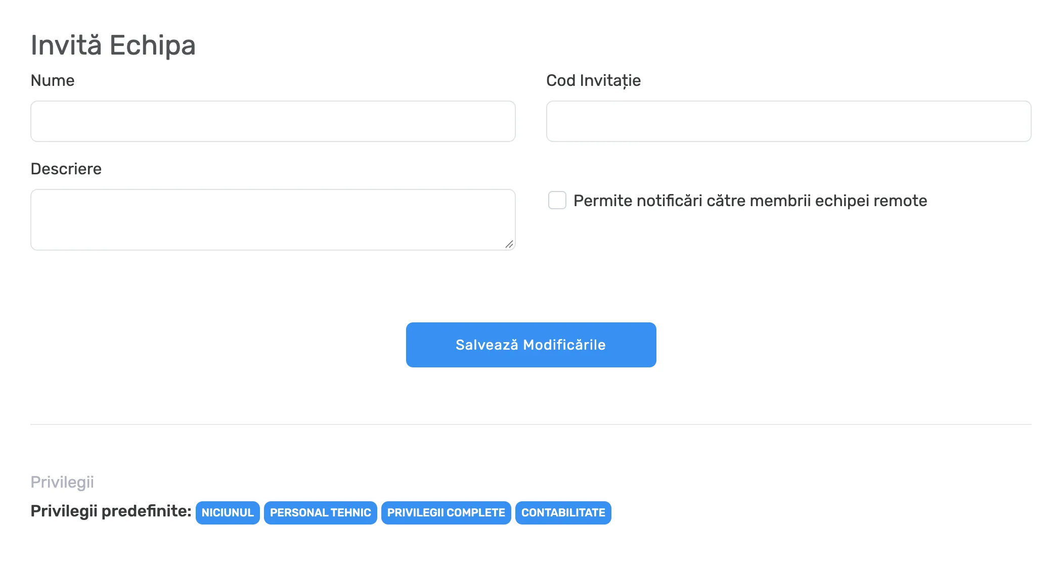 Formularul Invită Echipa gol, cu Nume, Descriere, Cod Invitație, opțiunea de notificări și presetările de permisiuni
